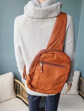 Classic Tan Leather Crossbody Sling Bag
